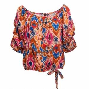 Vince Camuto Abstract Print Puff Sleeve Tie Hem Blouse XL Boho Chic Vacation